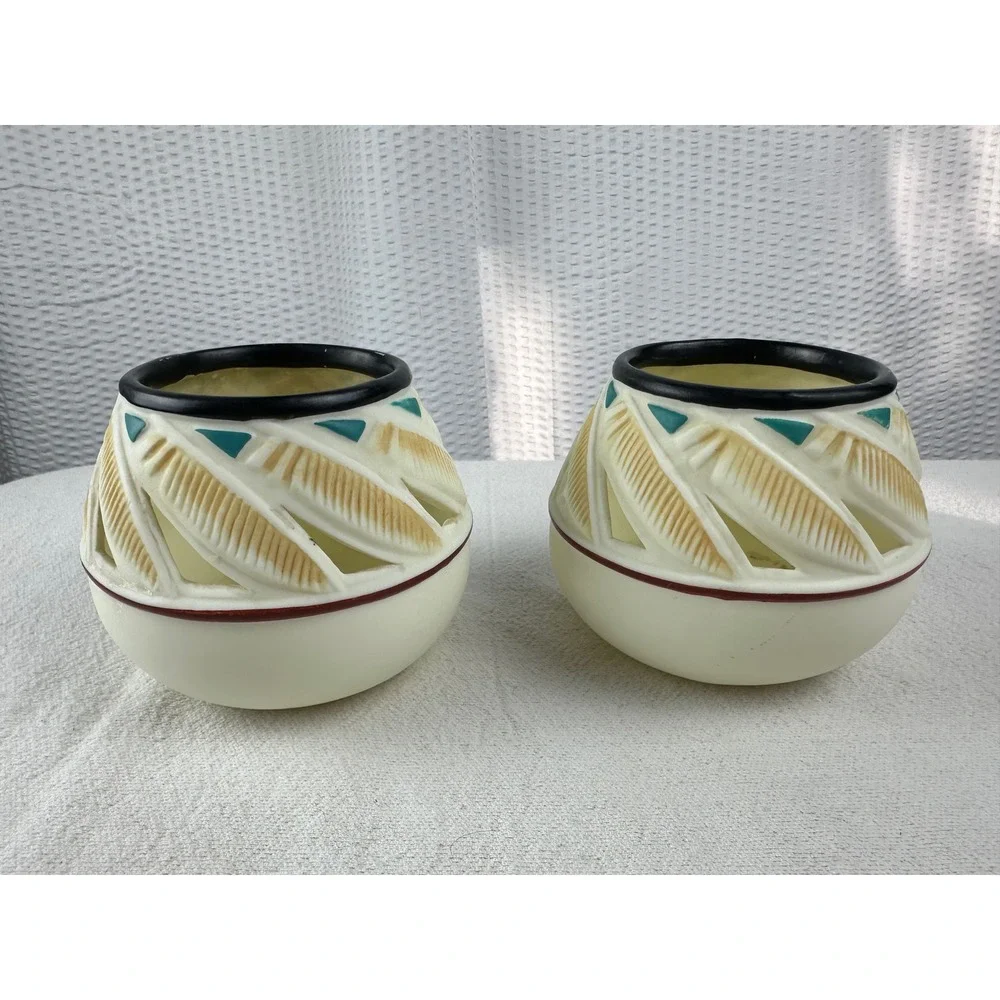 Two PartyLite Southwest Feathers Tealight Votive Candle Holders‎ 4x5" - Picture 3 of 6